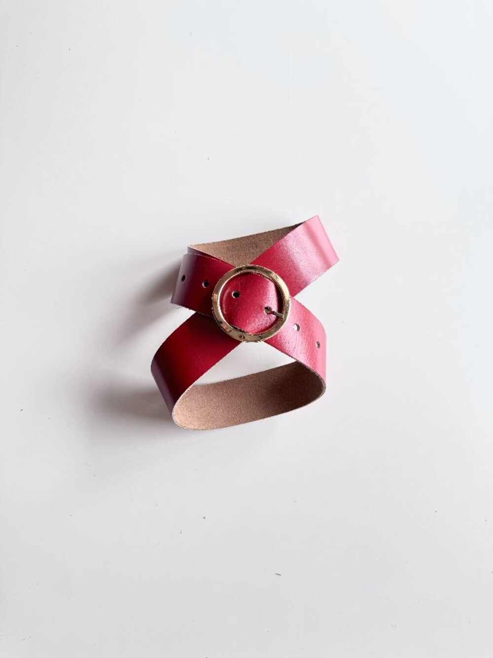 Vintage Unbranded Red Leather Gold Tone O-Ring Buckle Belt, Size S
